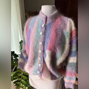 Vintage Betty Barratt Mohair Knit Cardigan –‎ Pastel Striped Button Front (S/M)